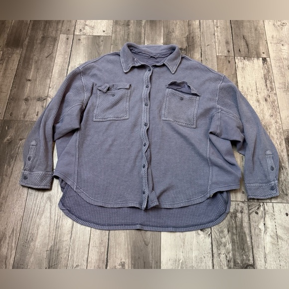 aerie Tops - Aerie Top Womens L Blue Lumberjane Oversize Button Up Waffle Thermal Shacket